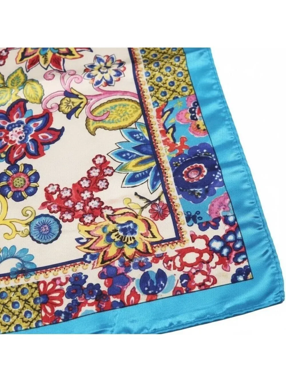 Blue Floral Satin Square Scarf 20x20 Hair Neck Head Wrap Boho